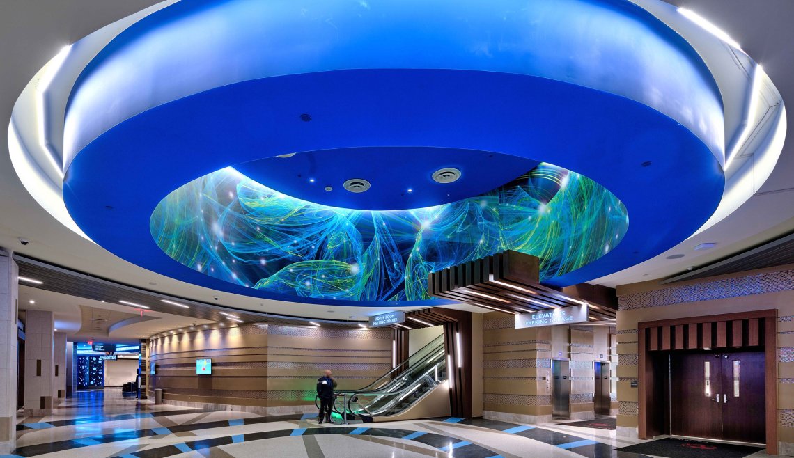 main entrance ceiling lighting at Resorts World Catskills